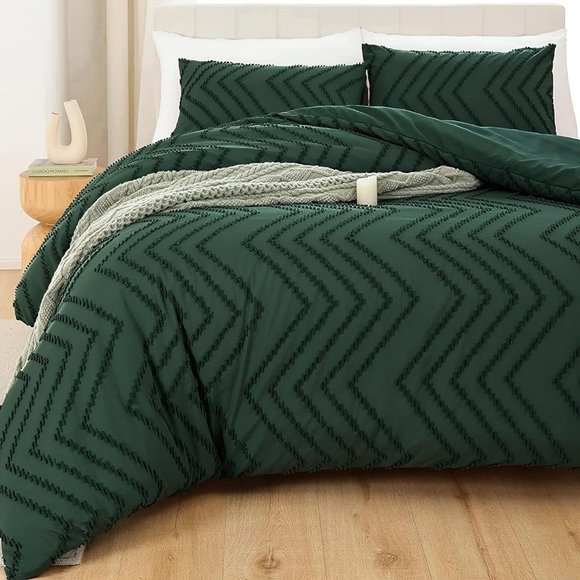 Forest Green Chevron Boho Textured King Size Bed Comforter Set Bedding Dark Pine - Picture 1 of 12